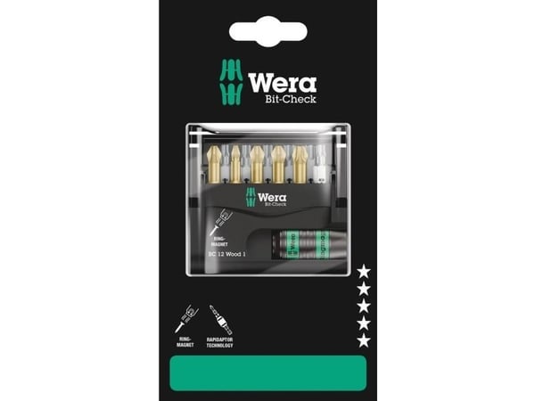 Wera Bit-Check 12 Wood 1 SB - Spissett for skrutrekker - 12 deler - torx, phillips, pozidriv - heksagonal - lengde: 25 mm