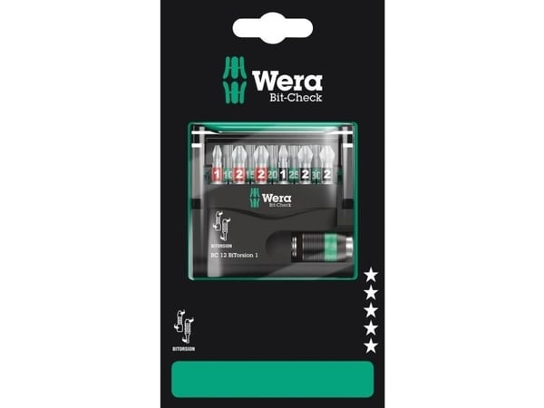 Wera Bit-Check 12 BiTorsion 1 SB - Spissett for skrutrekker - 12 deler - torx, phillips, pozidriv - heksagonal - lengde: 25 mm