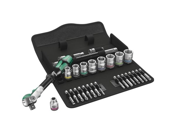 Wera Tools 05004046001, Hylsnyckeluppsättning, 29 styck, Svart, Grön, Handtag till hylsnyckel, 3/8", 8,10,12,13,15,16,17,18,19 mm