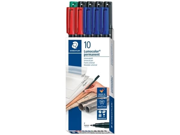 Marker Lumocolor® Permanent 0,6 mm med ass. farver blå, grøn, rød og sort - (10 stk.)
