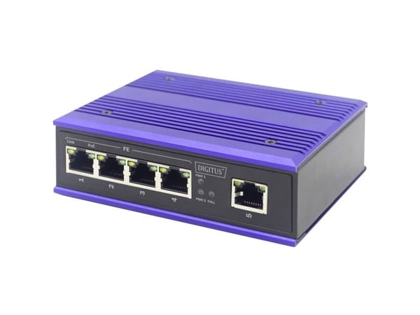 DIGITUS Industrial - Switch - ikke-styrt - 4 x 10/100 (PoE+) + 1 x 10/100 (opplink) - stasjonær, DIN-skinnemonterbar - PoE+