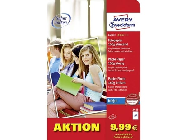 Avery Classic Inkjet, DIN A4, 160 g, glans, 160 g/m², Inkjet, A4, Hvit, 40 ark