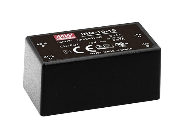 MEAN WELL IRM-10-5, 10 W, 85 - 264 V, Musta, RoHS, ITE EN/UL/IEC 60950, 25,4 mm