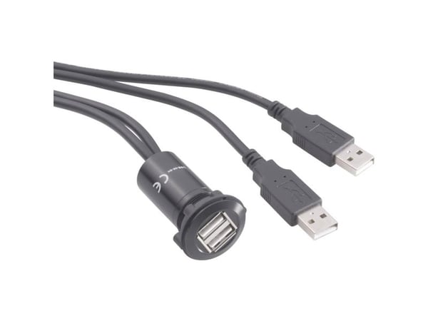 TRU COMPONENTS USB-06-BK USB dobbel innbyggingsuttak 2.0, tilkobling/innbygging, adapter: 2 x USB Type-A til 2 x USB Type-A med 60 cm kabel