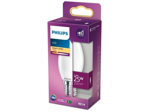 Philips LED Classic - LED-lyspære - form: B35 - E14 - 2.2 W (ekvivalent 25 W) - klasse E - varmt hvitt lys - 2700 K