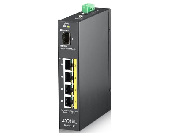 Zyxel RGS100-5P - Switch - ikke-styrt - 4 x 10/100/1000 (PoE+) + 1 x Fast Ethernet/Gigabit SFP - DIN-skinnemonterbar, rackmonterbar - PoE+ (120 W) ...