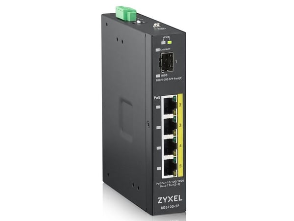 Zyxel RGS100-5P - Switch - ikke-styrt - 4 x 10/100/1000 (PoE+) + 1 x Fast Ethernet/Gigabit SFP - DIN-skinnemonterbar, rackmonterbar - PoE+ (120 W) ...