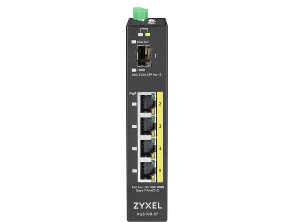 Zyxel RGS100-5P - Switch - ikke-styrt - 4 x 10/100/1000 (PoE+) + 1 x Fast Ethernet/Gigabit SFP - DIN-skinnemonterbar, rackmonterbar - PoE+ (120 W) ...