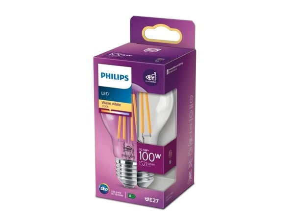 Philips - LED-filamentlyspære - form: A60 - klar finish - E27 - 10.5 W (ekvivalent 100 W) - klasse D - varmt hvitt lys - 2700 K