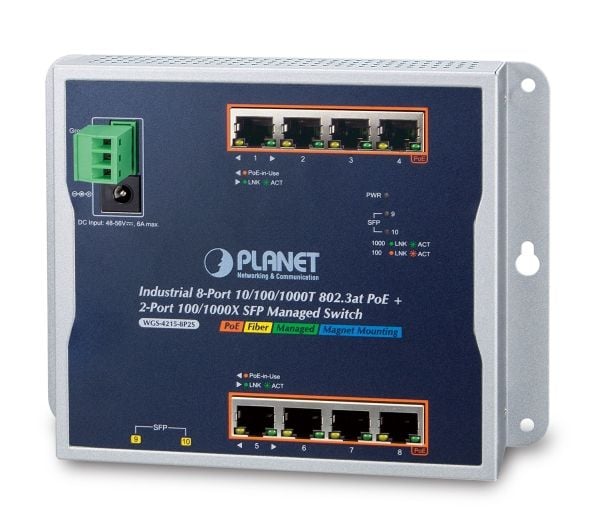 PLANET WGS-4215-8P2S - Switch - Styrt - 8 x 10/100/1000 (PoE+) + 2 x SFP - veggmonterbar, DIN-skinnemonterbar - PoE+ (200 W) - DC-strøm