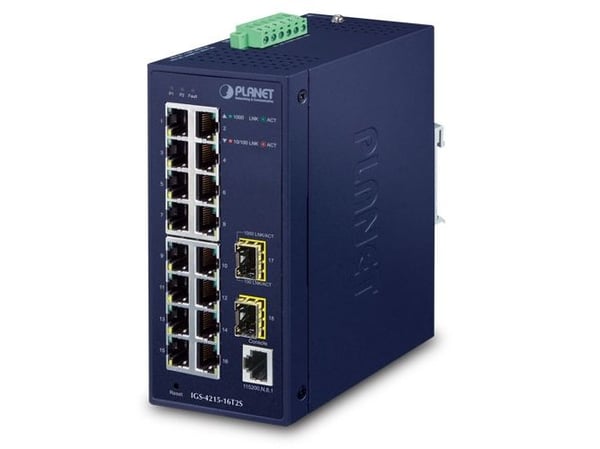 PLANET IGS-4215-16T2S - Switch - Styrt - 16 x 10/100/1000 + 2 x Gigabit SFP - DIN-skinnemonterbar, veggmonterbar - AC 24 V / DC 12 - 48 V