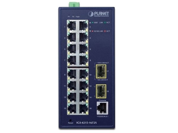 PLANET IGS-4215-16T2S - Switch - Styrt - 16 x 10/100/1000 + 2 x Gigabit SFP - DIN-skinnemonterbar, veggmonterbar - AC 24 V / DC 12 - 48 V