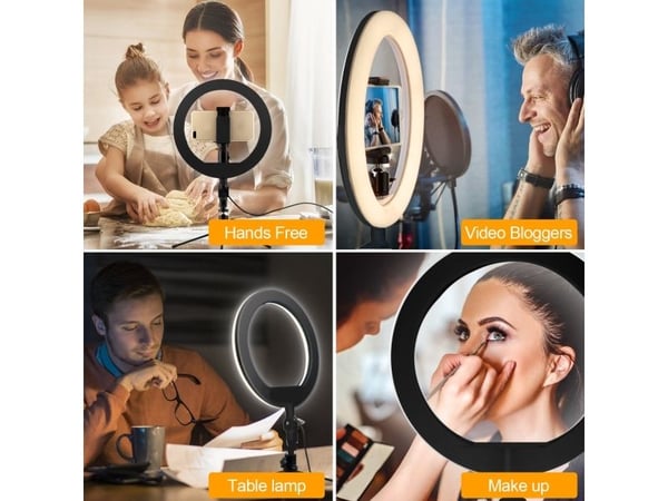 Ringljus 10" LED 12W med stativ 1,1m Maclean Energy MCE610, bluetooth timer, möjlighet att ändra färg 3200K-5600K och ljusstyrka 10-100%
