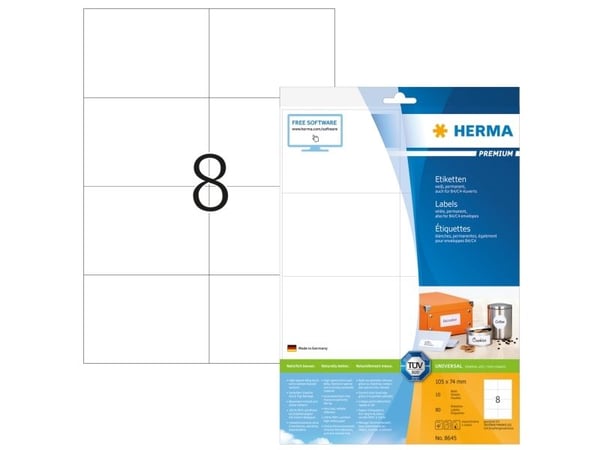 HERMA 8645, Valkoinen, Suorakulmio, Kiinteä, A4, Paperi, Matta