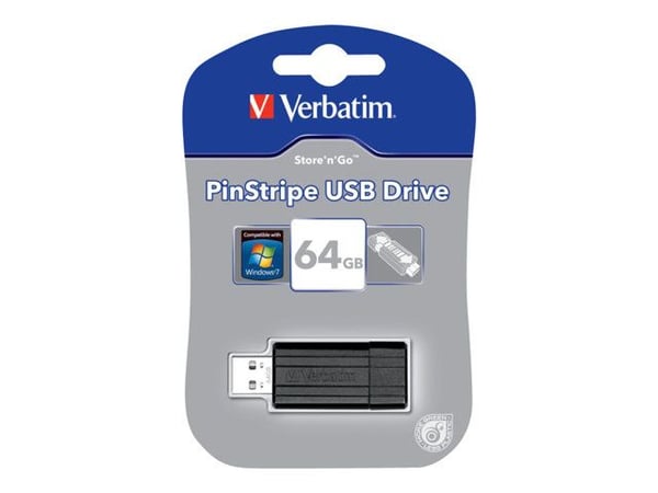 Verbatim PinStripe USB Drive - USB-flashstasjon - 64 GB - USB 2.0 - svart