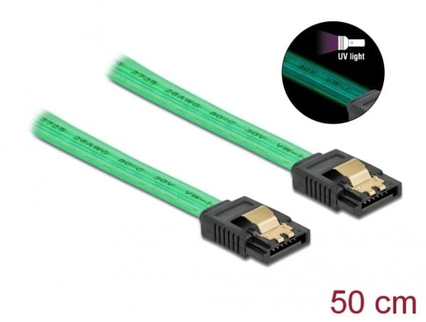 Delock SATA 6 Gb/s Cable UV glow effect - SATA-kabel - Serial ATA 150/300/600 - SATA til SATA - 50 cm - grønn