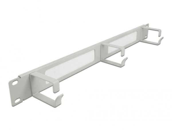 Delock Cable Management Brush Strip with 3 hooks - Styringspanel for rackkabler med børste - grå - 1U - 19"