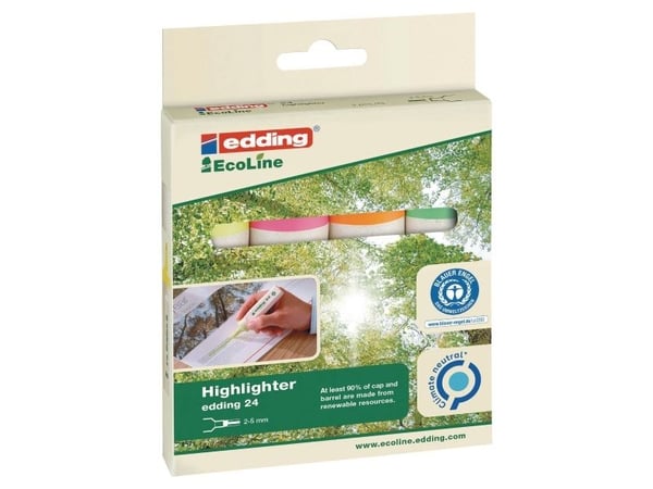 edding EcoLine 24 - Markeringspenn - gul, oransje, rosa, lysegrønn - vannbasert blekk - 2-5 mm (en pakke 4)