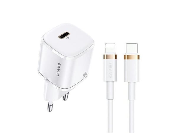USAMS T36 mini 20W kablet lader 1xUSB-C + USB-C til Lightning kabel PD3.0 Fast Charging XFKXLOG hvit