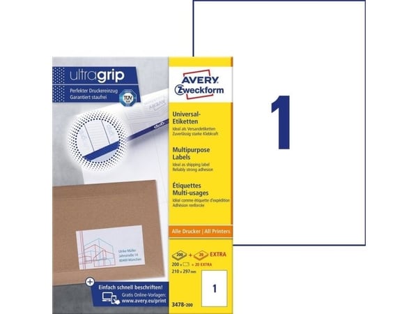 Avery Zweckform 3478 - Hvit - A4 (210 x 297 mm) 200 etikett(er) (200 ark x 1) etiketter