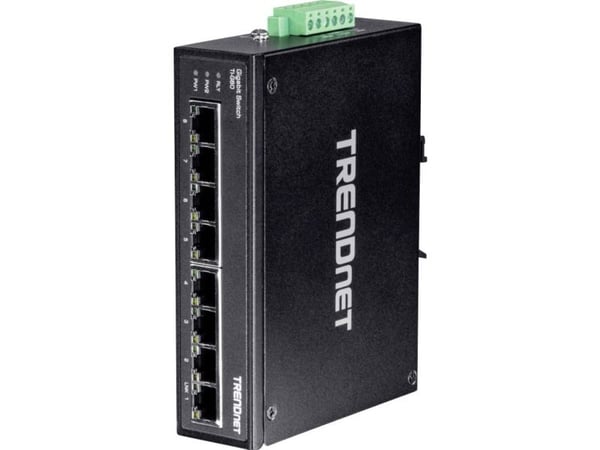 TRENDnet TI-G80 - Kytkin - hallitsematon - 8 x 100/1000/10000 - DIN-kiskoon asennettava, seinään asennettava - DC-virta - TAA-yhteensopiva