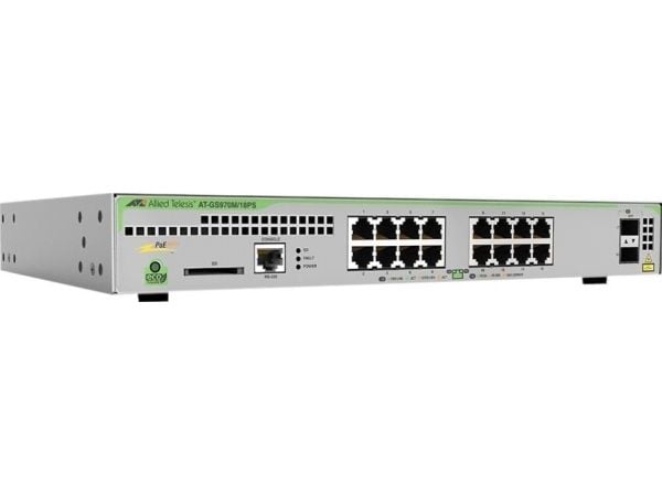 Allied Telesis CentreCOM AT-GS970M/18PS - Switch - L3 - Administrerad - 16 x 10/100/1000 (PoE+) + 2 x SFP (mini-GBIC) (upplänk) - skrivbordsmodell,...