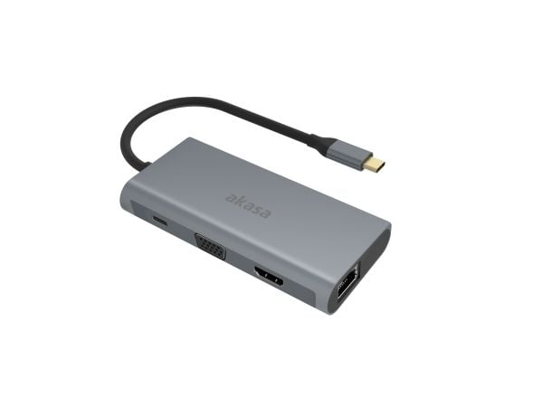 Akasa USB Type-C 9-In-1 Dock - USB-C, VGA, HDMI, RJ45, 3x USB-A, SD, microSD, USB Type-C, HDMI, RJ-45, USB 3.2 Gen 1 (3.1 Gen 1), VGA, RJ-45, Alumi...