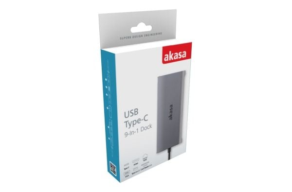 Akasa USB Type-C 9-In-1 Dock - USB-C, VGA, HDMI, RJ45, 3x USB-A, SD, microSD, USB Type-C, HDMI, RJ-45, USB 3.2 Gen 1 (3.1 Gen 1), VGA, RJ-45, Alumi...