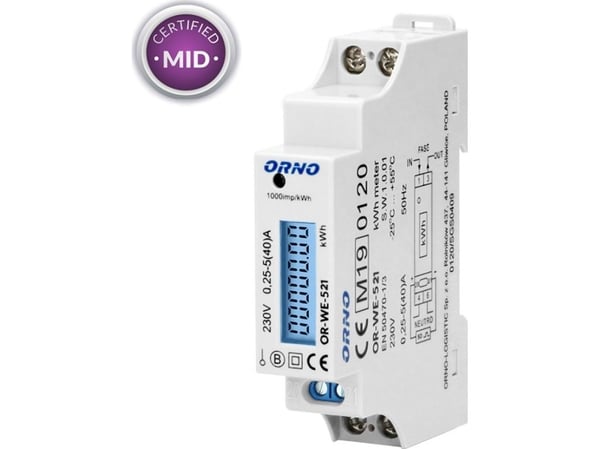 ORNO 1-vaiheinen sähkömittari, 40A, MID, pulssilähtö, taustavalo, 1 moduuli ORNO 1-vaiheinen sähkömittari, 40A, MID, pulssilähtö, taustavalo, 1 moduuli