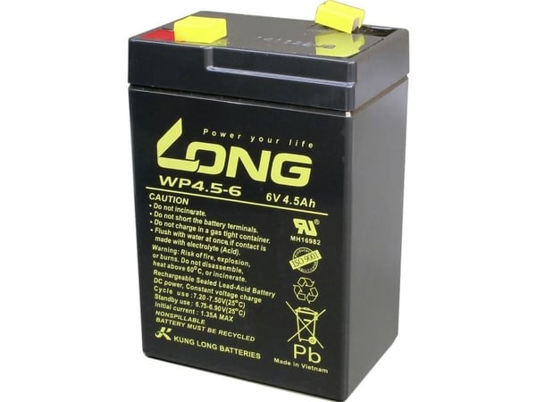 Long WP4.5-6 blybatteri 6 V 4,5 Ah blyfleece 70 x 106 x 47 mm flattstikk 4,8 mm lav selvutlading, vedlikeholdsfritt