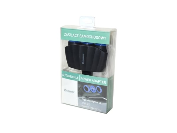 Grenadapter til sigarettenner VAKOSS TP-3268K 2 uttak + 2xUSB svart
