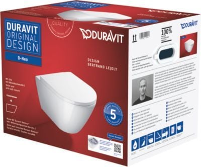DURAVIT D-Neo hvid højglans Rimless hængeskål - 370x540x400 mm - inklusiv Soft Close toiletsæde med rustfri beslag. Boltafstand 180 mm.