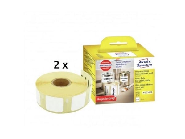 Avery A1933083 25 x 25 mm rull hvite slitesterke polyesteretiketter til Dymo LabelWriter