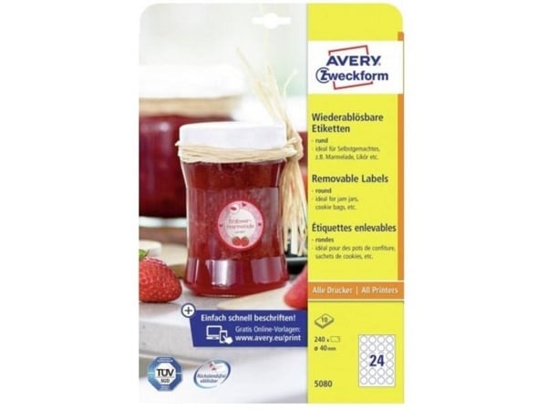 Avery 5080, Hvit, Sirkel, Avtagbar, A4, Papir, Universell