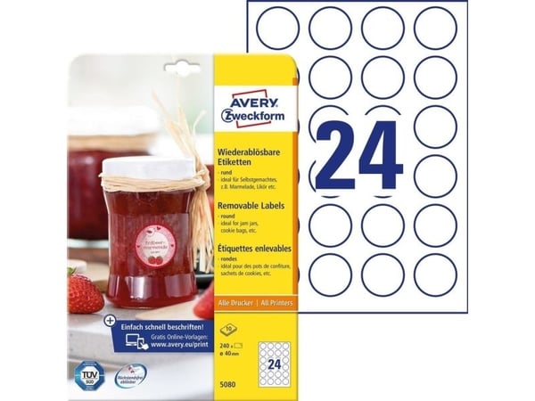 Avery 5080, Hvit, Sirkel, Avtagbar, A4, Papir, Universell