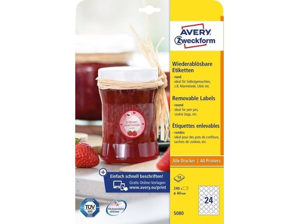 Avery 5080, Hvit, Sirkel, Avtagbar, A4, Papir, Universell