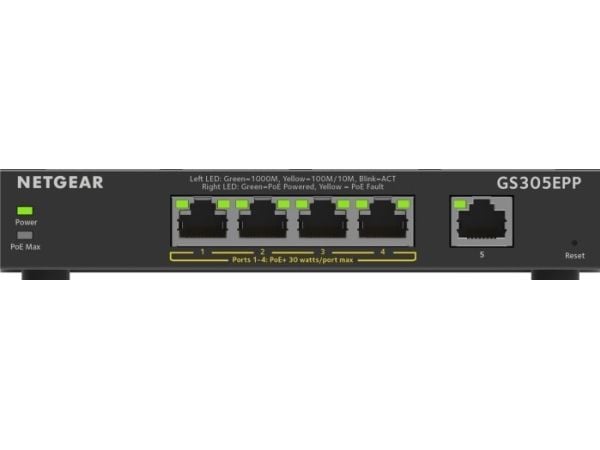 NETGEAR Plus GS305EPP - Switch - smart - 5 x 10/100/1000 (4 PoE+) - stasjonær, veggmonterbar - PoE+ (120 W)