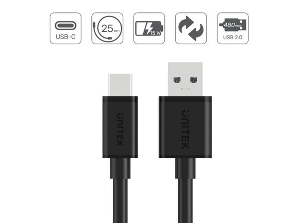 USB-kabel Unitek USB-A til USB-C 0,25 m svart (Y-C480BK)