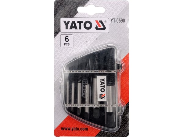 Yato YT-0590, Skrueuttrekkersett, - Ø3-6mm x 52mm - Ø6-8mm x 58mm - Ø8-11mm x 66mm - Ø11-14mm x 75mm - Ø14-18mm x 80mm -..., Boks, 6 stykker