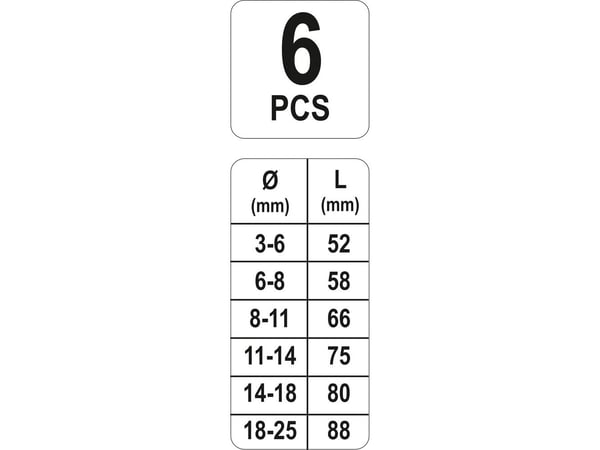 Yato YT-0590, Skrueuttrekkersett, - Ø3-6mm x 52mm - Ø6-8mm x 58mm - Ø8-11mm x 66mm - Ø11-14mm x 75mm - Ø14-18mm x 80mm -..., Boks, 6 stykker