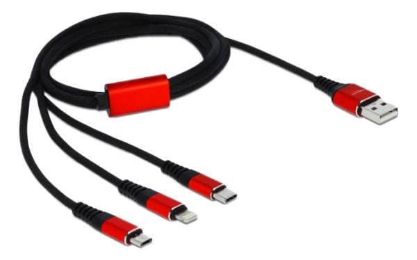 DeLOCK 85892, 1 m, USB A, USB C/Micro-USB B/Lightning, USB 2.0, Musta, Punainen
