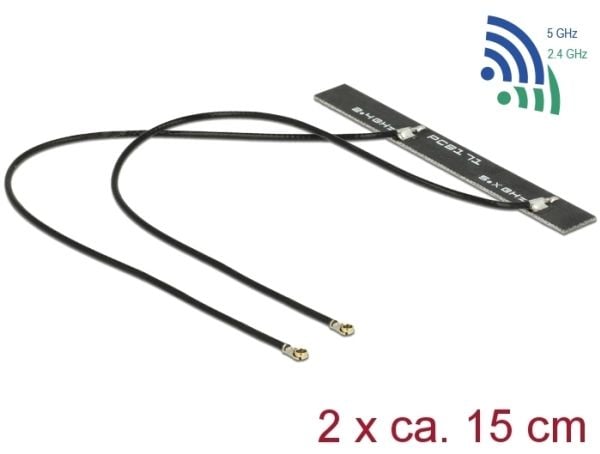 Delock WLAN Twin Antenna 2 x MHF IV 802.11 ac/a/h/b/g/n 5 dBi 150 mm PCB internal self adhesive - Antenne - Wi-Fi - 5 dBi - svart