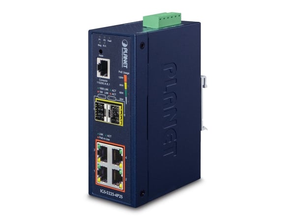 PLANET IGS-5225-4P2S - Switch - L2+ - Styrt - 4 x 10/100/1000 (PoE+) + 2 x 1000Base-X SFP - DIN-skinnemonterbar - PoE+ (144 W) - DC-strøm