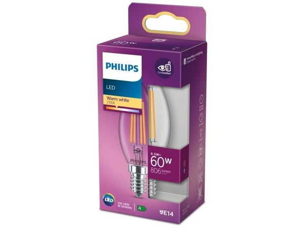Philips LED - LED-lyspære - form: stearinlys - E14 - 6.5 W (ekvivalent 60 W) - klasse E - varmt hvitt lys - 2700 K - blank