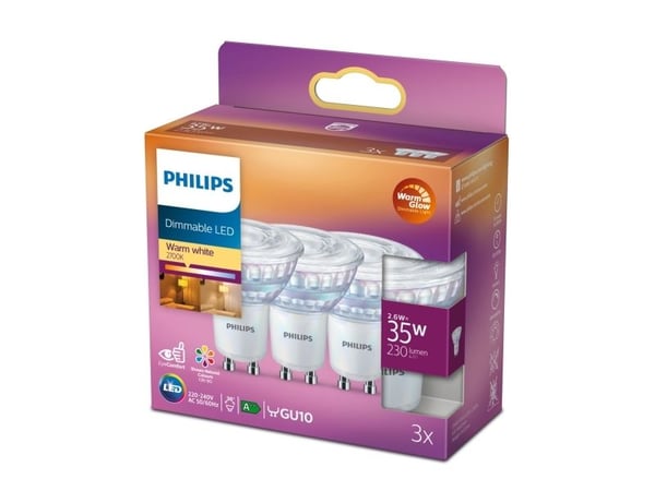 Philips - LED-spotlight - GU10 - 2.6 W (motsvarande 35 W) - klass F - varmt vitt ljus - 2200-2700 K (paket om 3)