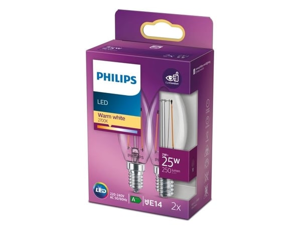 Philips - LED-filamentlyspære - form: B35 - klar finish - E14 - 2 W (ekvivalent 25 W) - klasse E - varmt hvitt lys - 2700 K - gjennomsiktig (en pak...