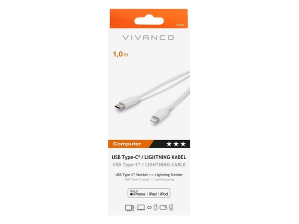 Vivanco CC UC L 10, 1 m, Lightning, USB C, Naaras, Uros, Valkoinen