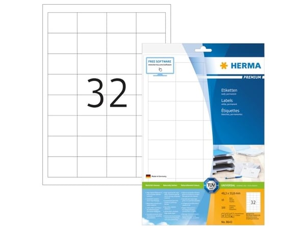 HERMA 8643, Valkoinen, Suorakulmio, Kiinteä, A4, Paperi, Matta