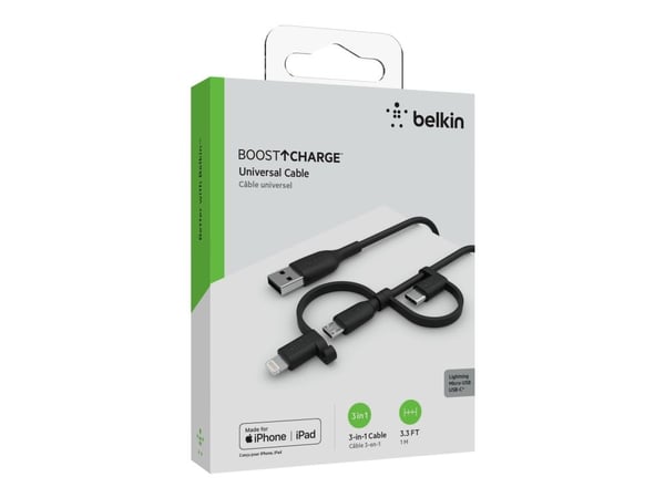 Belkin BOOST CHARGE, 1 m, USB A, USB C/Micro-USB B/Lightning, Musta