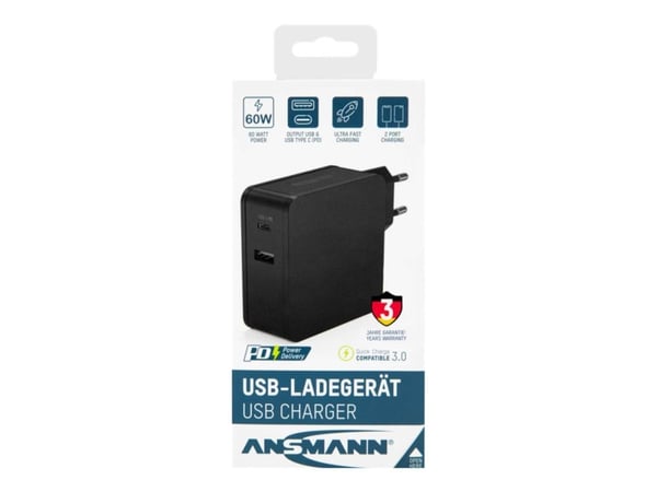 ANSMANN 254PD - Strømadapter - 60 watt - PD, QC 3.0 - 2 utgangskontakter (USB-C, USB) - svart